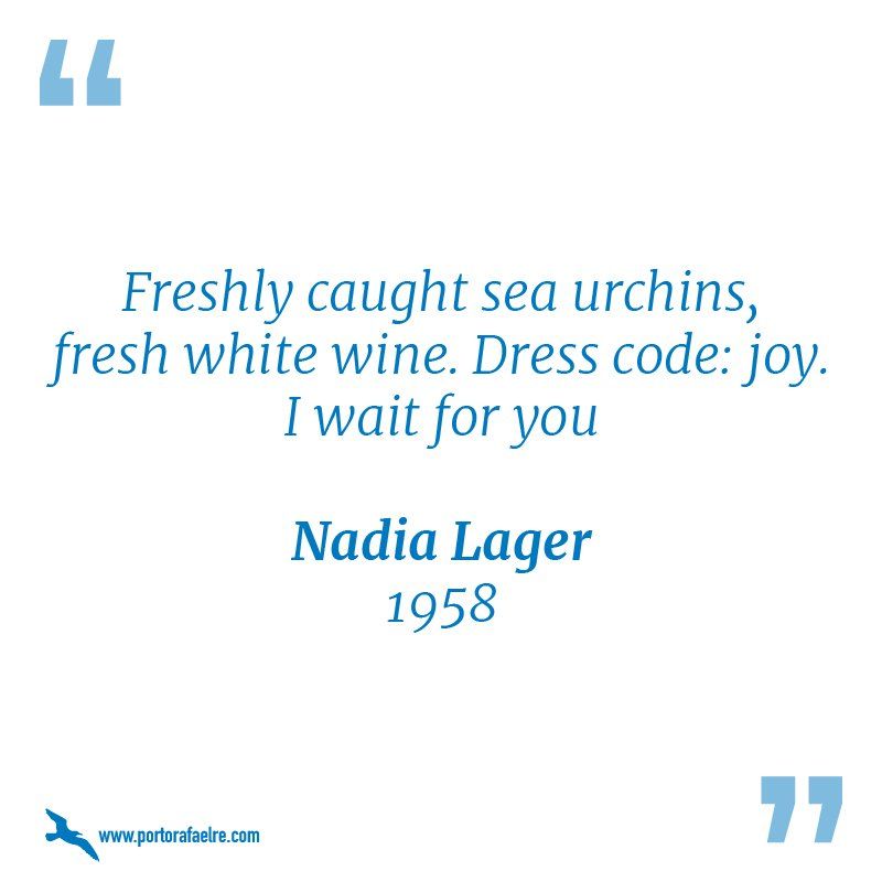 a quote from nadia lager 1958 that says freshly caught sea urchins fresh white wine dress code joy i wait for you