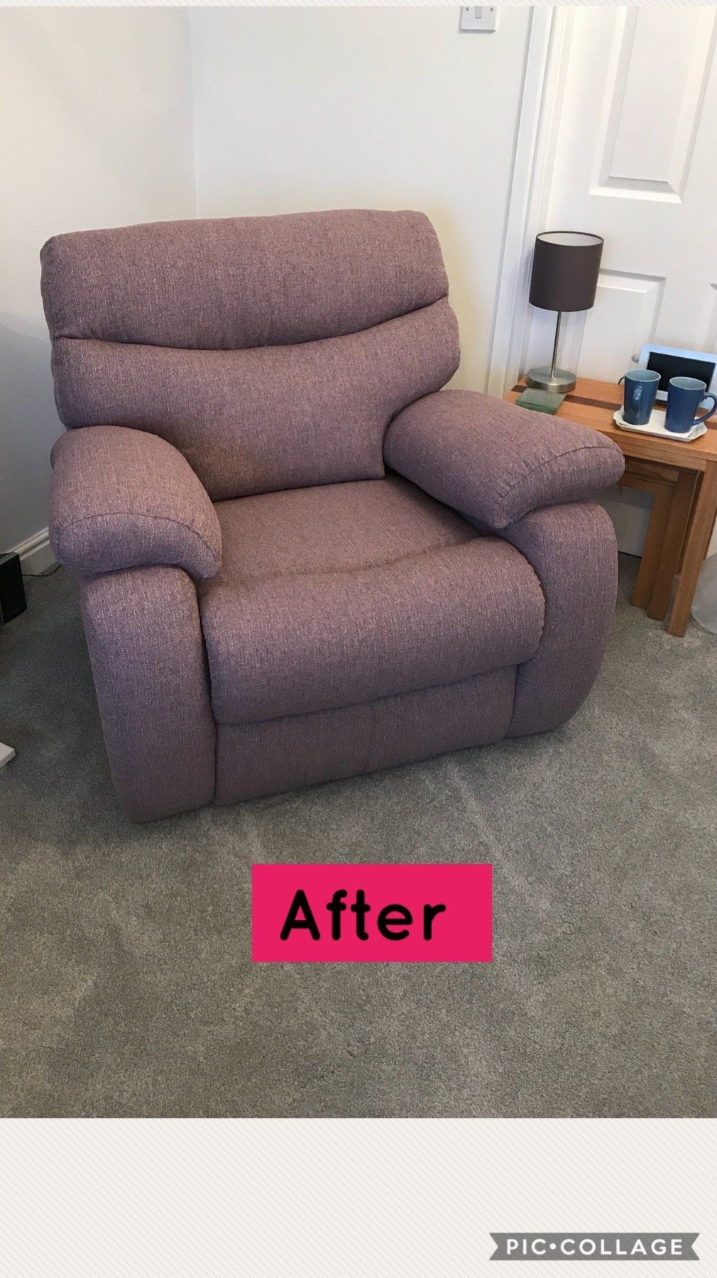 Light purple armchair next to a side table with two mugs on it