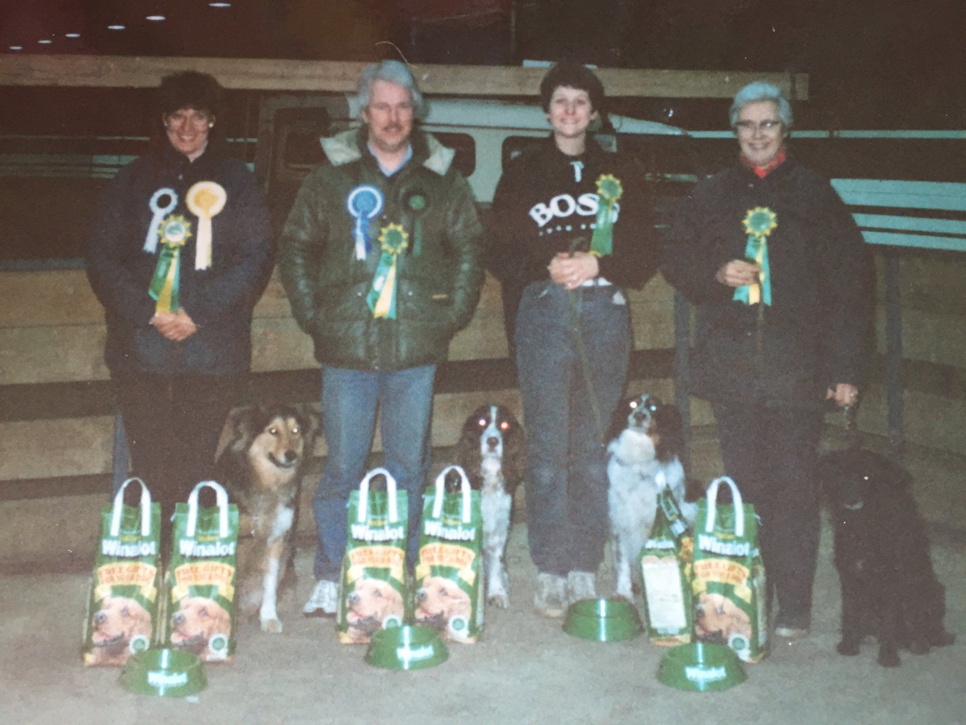 Leamington's agility team members qualifying for The Winalot Tournament Finals at Tunbridge Wells Agility Show in 1980s