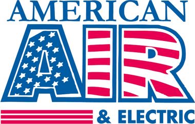 American Air & Electric logo in blue, pink, and white stripes on a white background