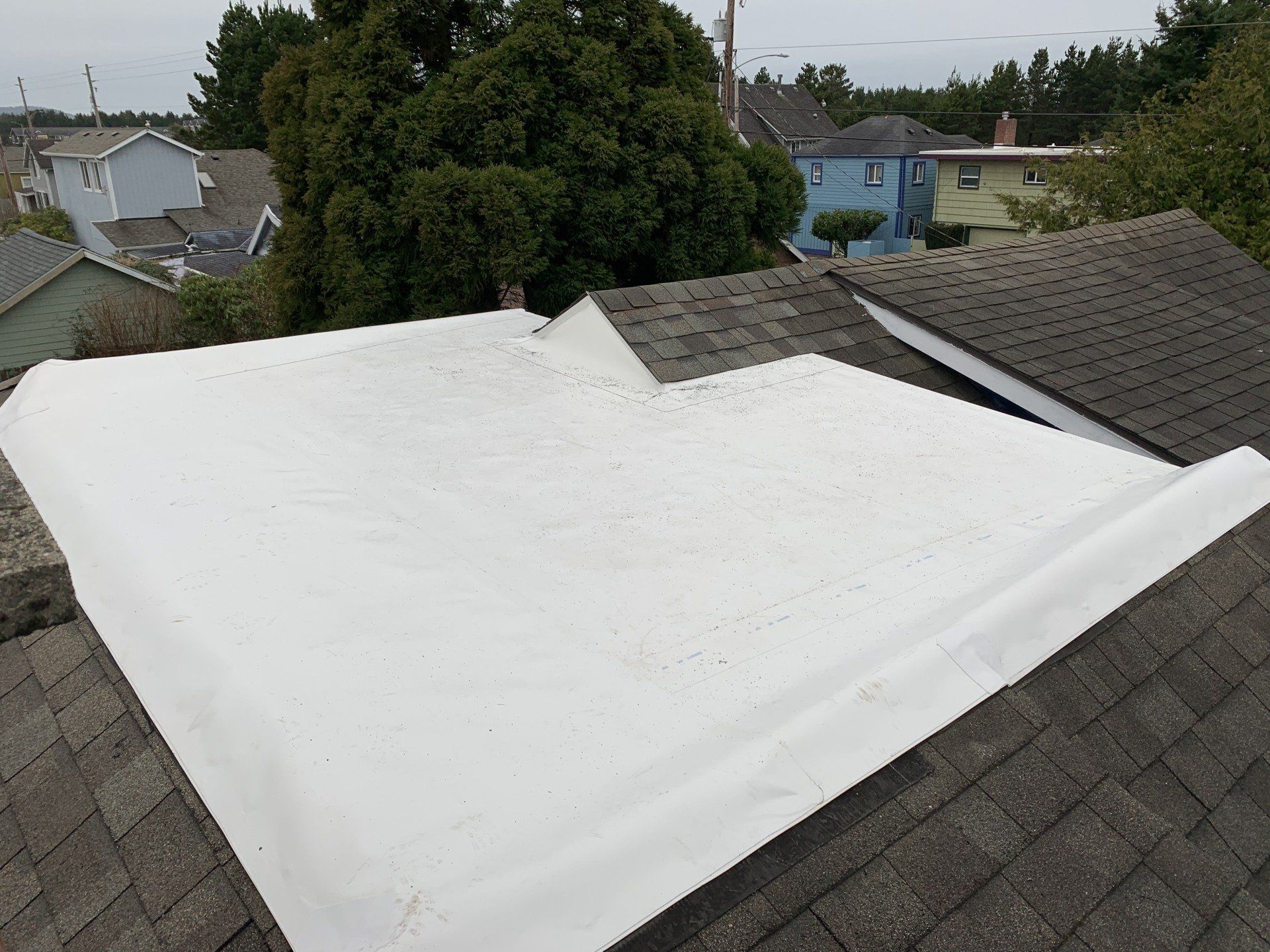 White flat roof section on a house, surrounded by shingled roofs and trees on an overcast day.