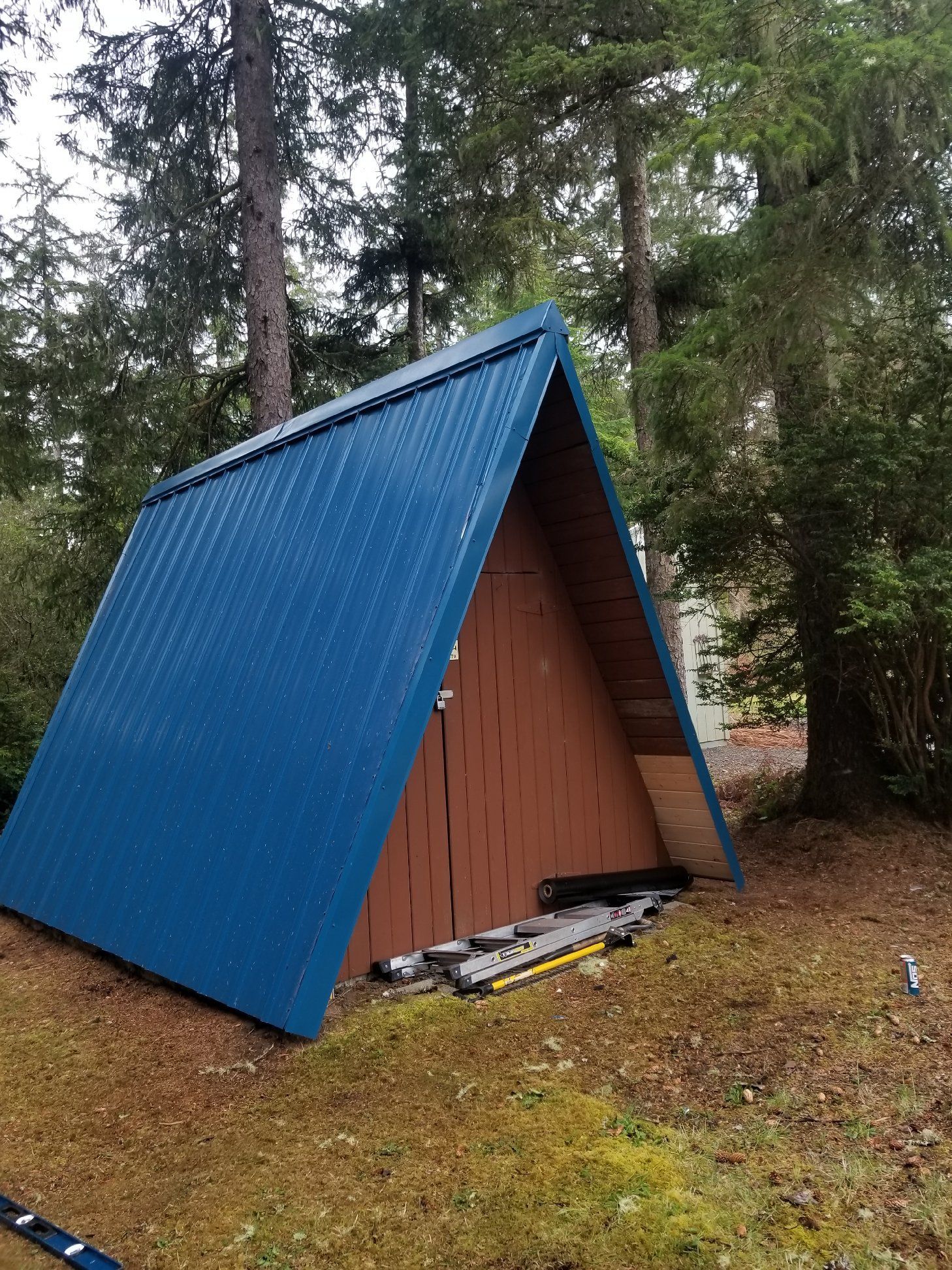 Blue-roofed, A-frame shed in a forest, brown siding, small door, set on a grassy hill.
