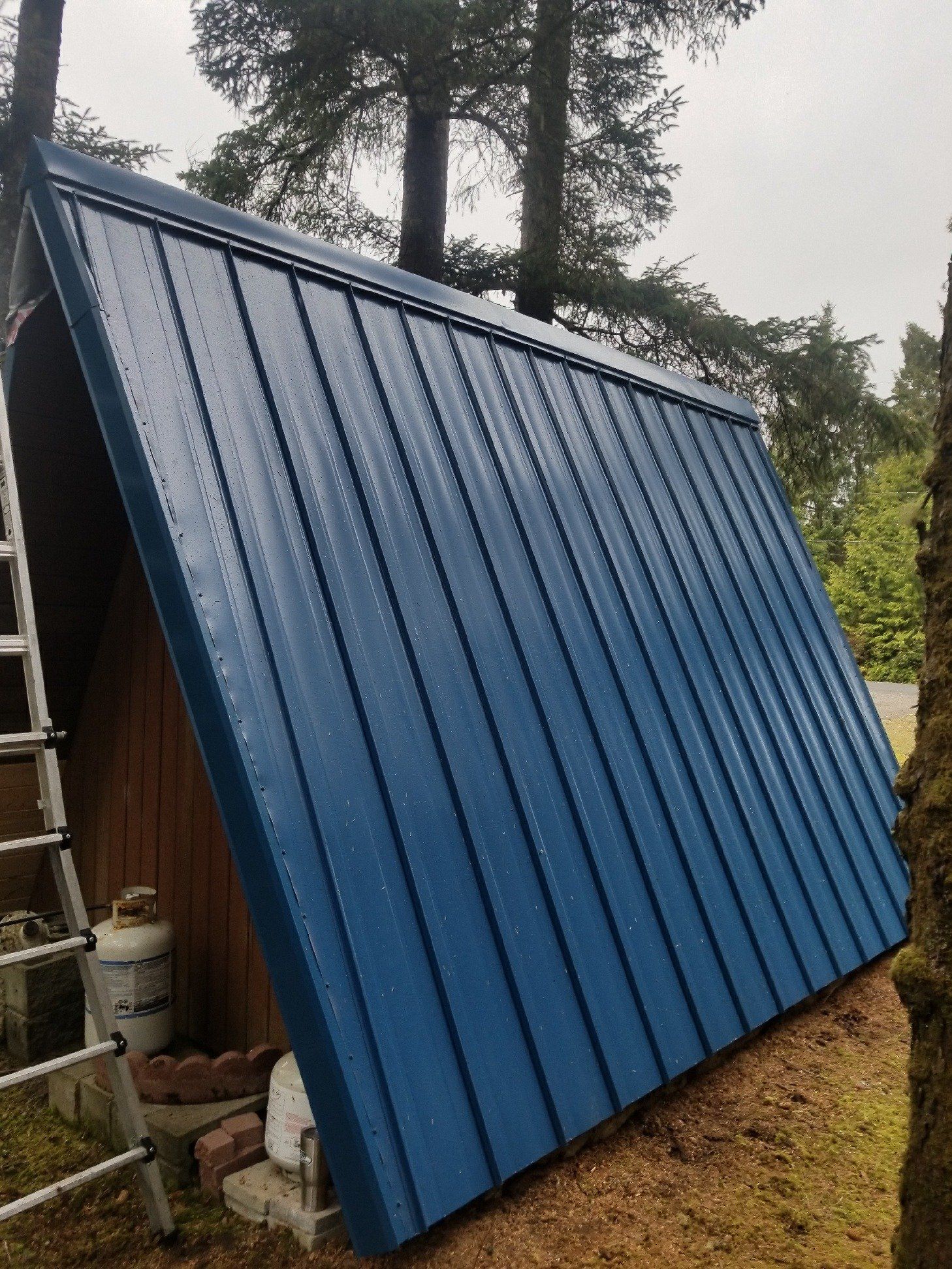 Blue metal roof on an A-frame structure; ladder and propane tank visible; trees in the background.