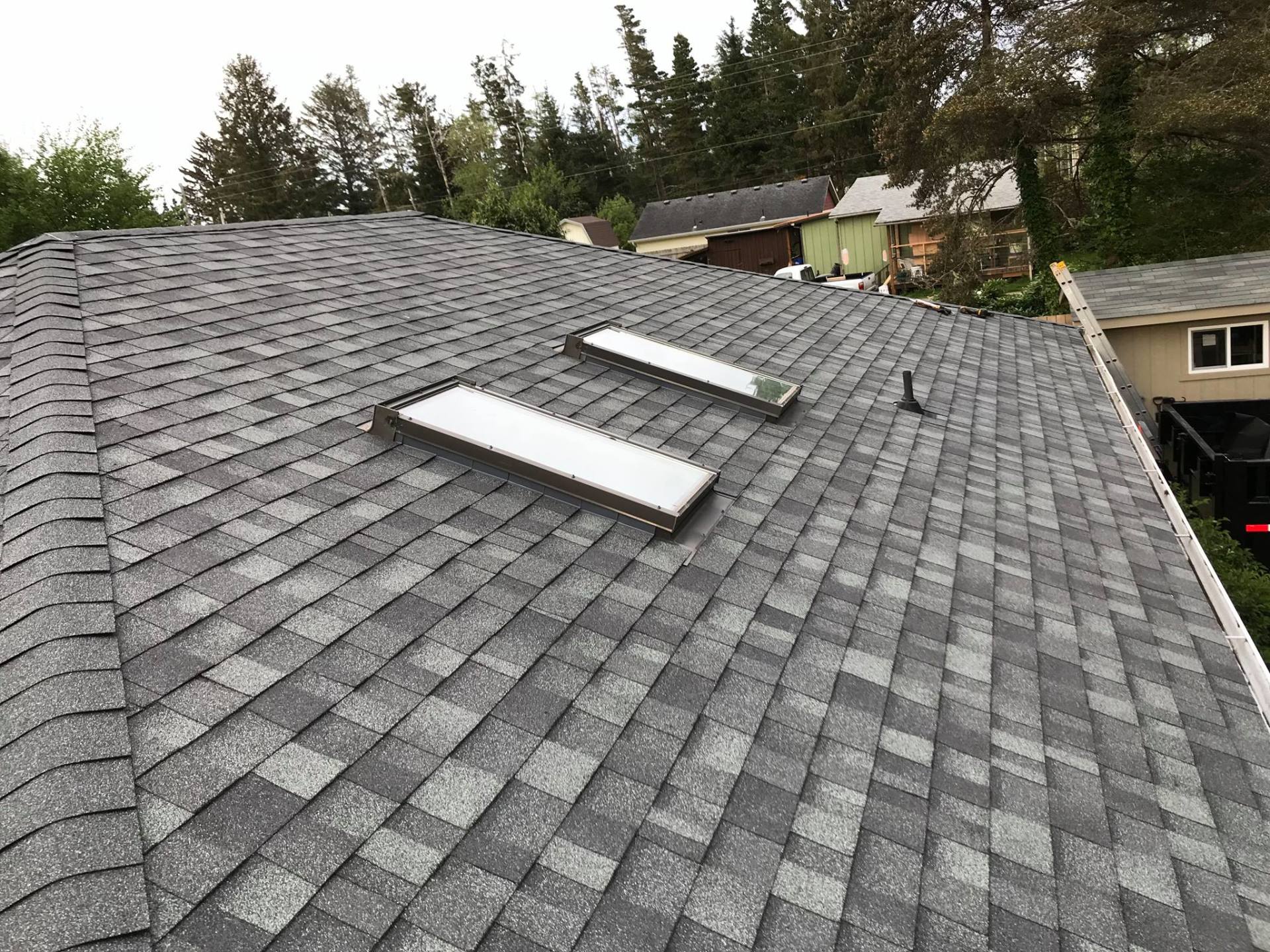 Gray shingled roof with two rectangular skylights, surrounded by trees and a building.