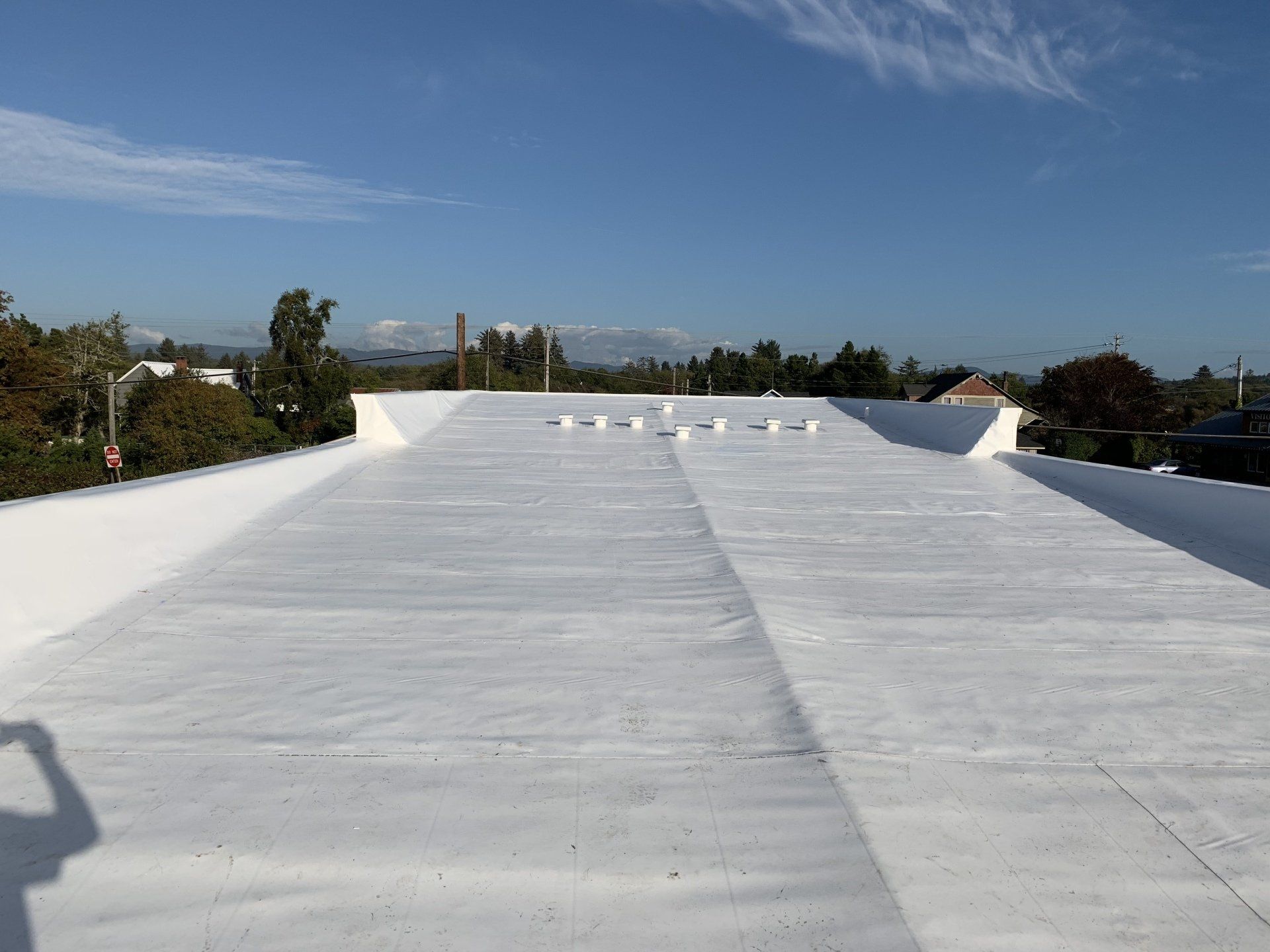 Flat white commercial roof with blue sky and trees in the background.