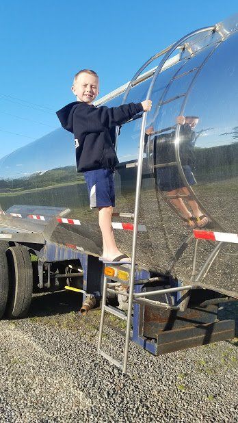 A young boy is standing on a ladder next to a truck.