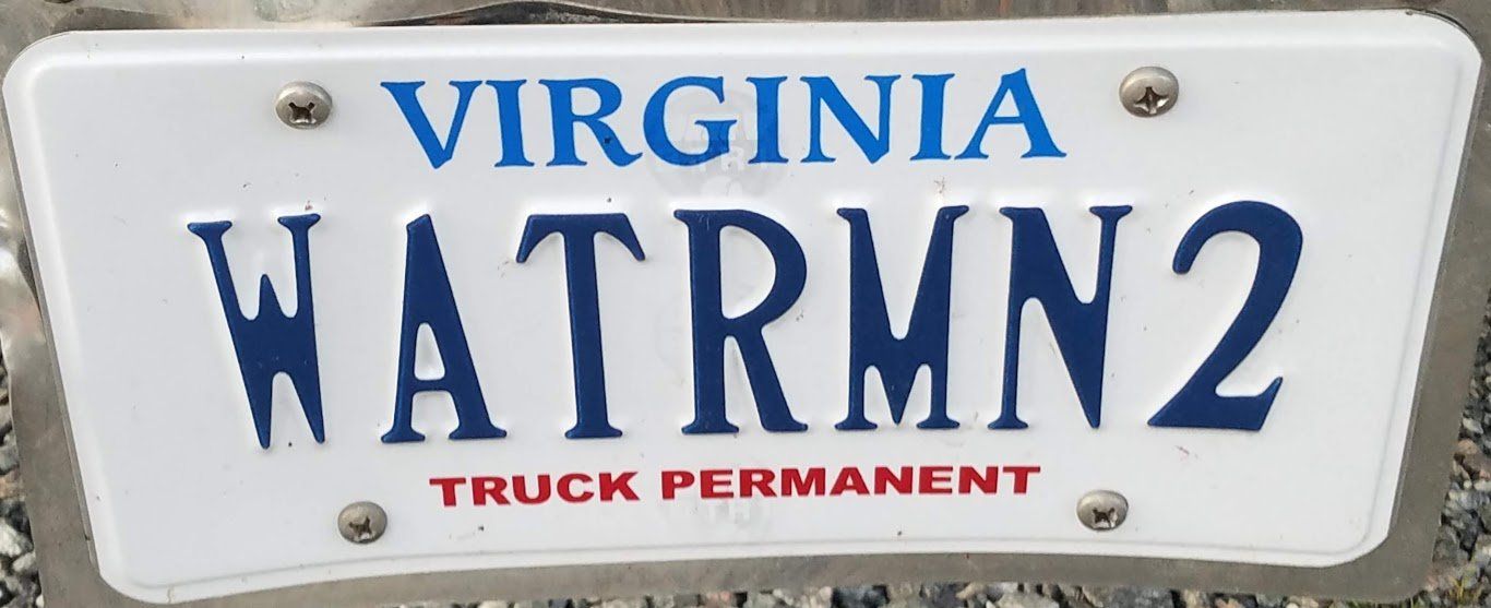 A virginia license plate that says watrmn2 on it