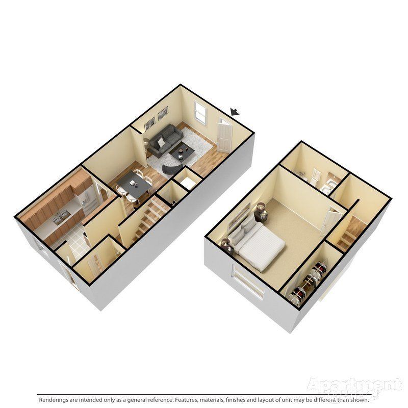 One Bedroom Townhome; 840sq ft; 1bd/1.5ba