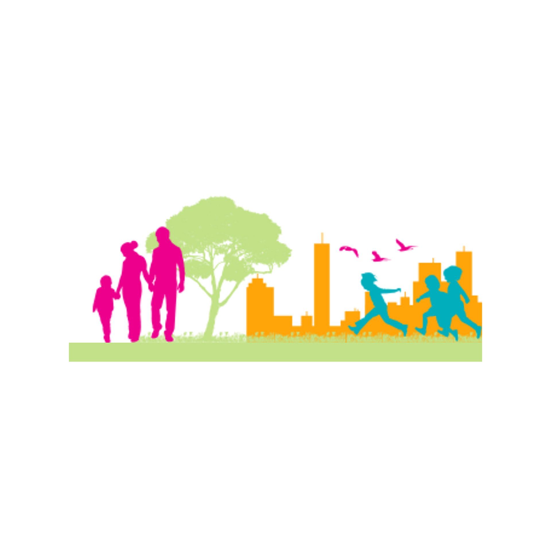 A silhouette of a family walking in front of a city