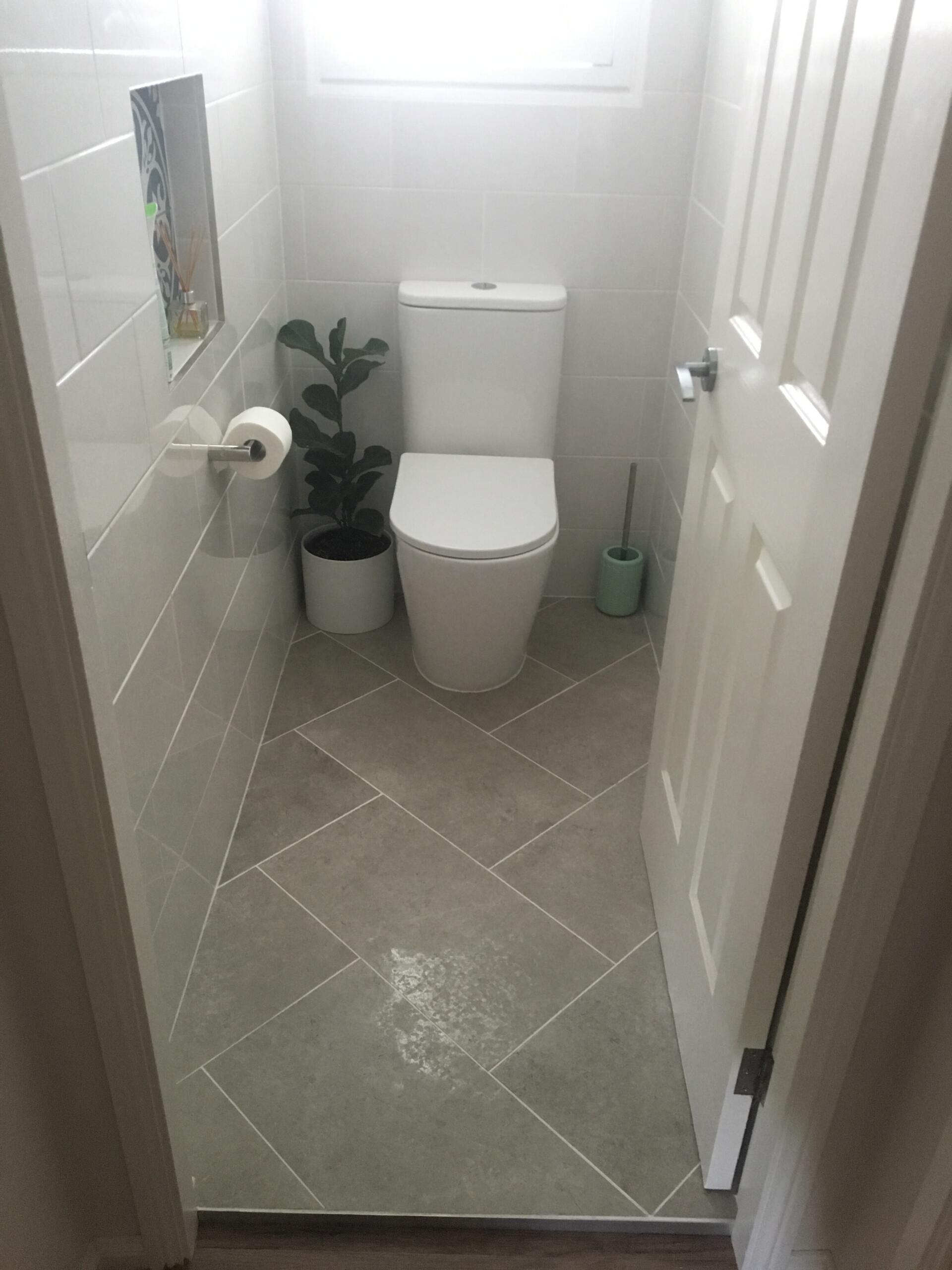 A bathroom with a toilet and a plant in it.