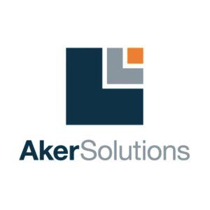 Aker Solutions logo with dark blue, gray, and orange geometric mark and text