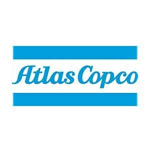 Atlas Copco logo in blue text between two blue horizontal bars on a white background