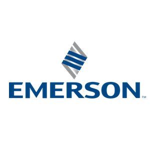 Emerson logo with blue wordmark and blue-gray striped diamond icon above it