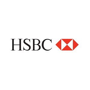 HSBC logo in black text with a red hexagonal symbol