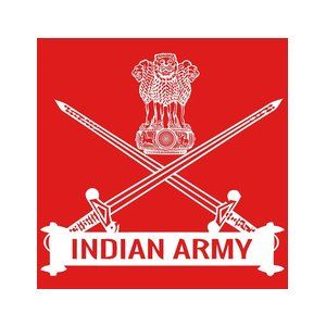 Indian Army emblem on red background with crossed swords and national crest