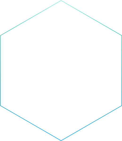 A white hexagon with a blue border on a white background.