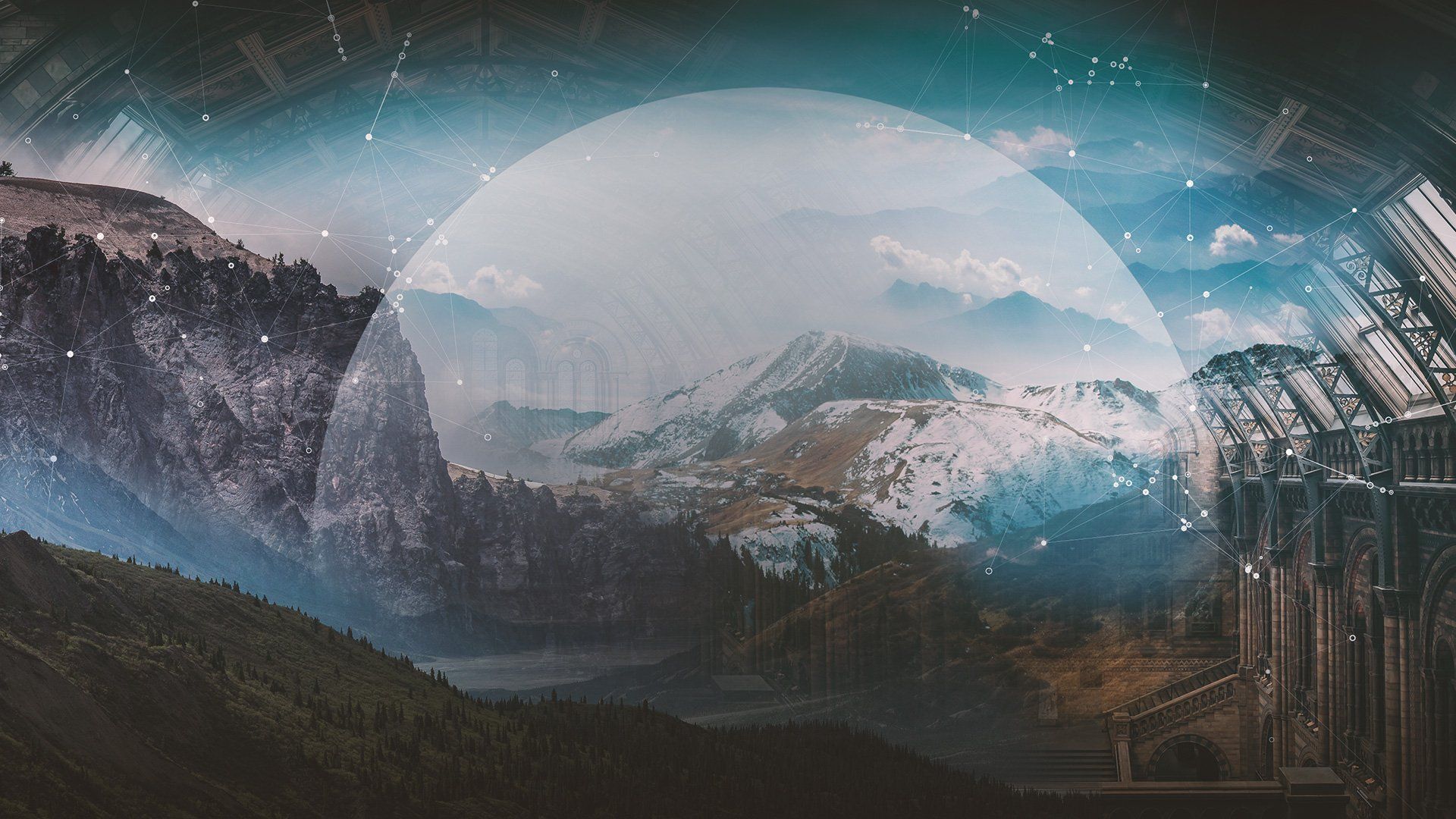 A painting of a mountain landscape with a circle in the middle.