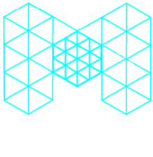 The letter m is made of blue triangles on a white background.
