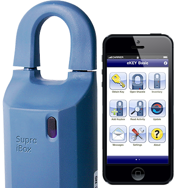 A blue supra key box next to a smart phone