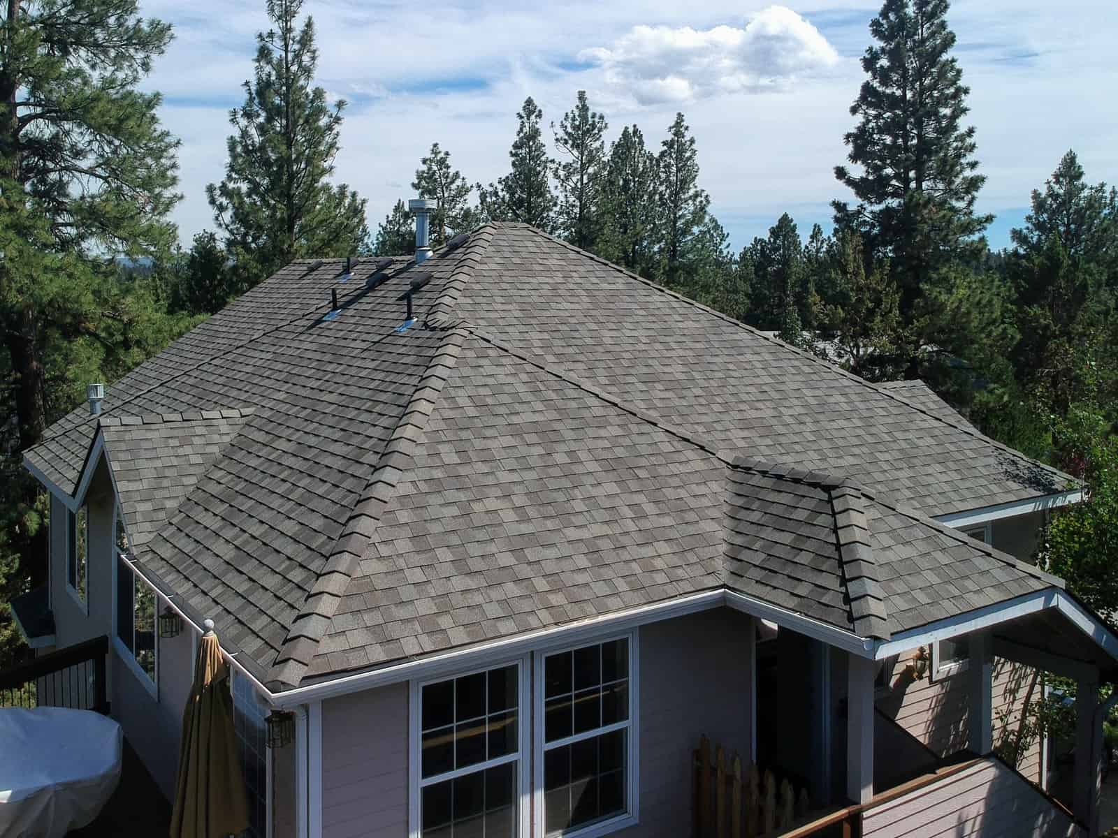 A gray shingled house roof surrounded by tall pine trees under a cloudy sky