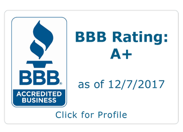 BBB Accredited Business badge, BBB Rating A+, as of 12/7/2017, with “Click for Profile” text