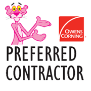 Pink panther mascot beside Owens Corning logo with the words “Preferred Contractor”