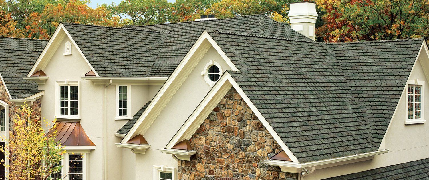 Suburban house with beige siding and gray shingle roof, framed by autumn trees