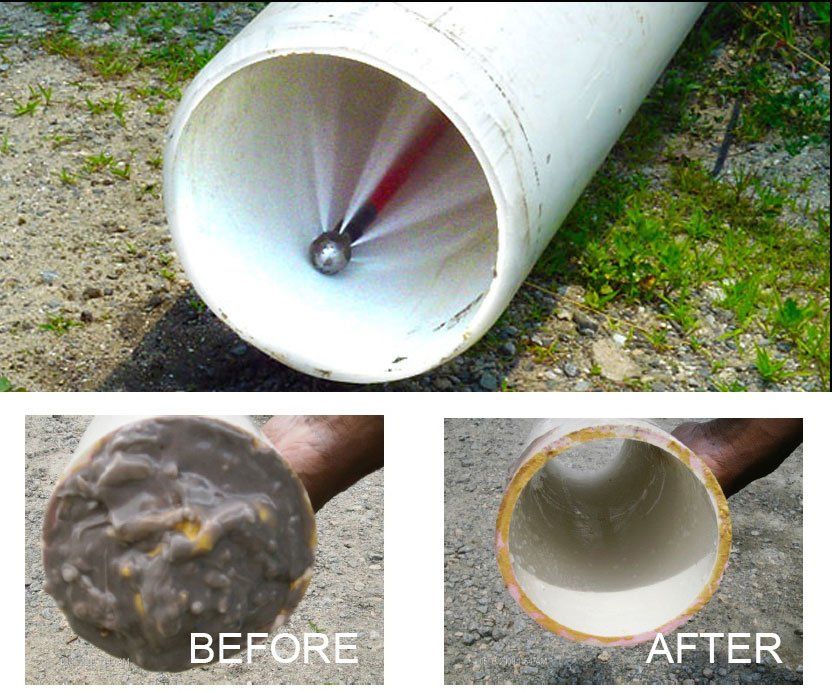 A picture of a pipe before and after being cleaned