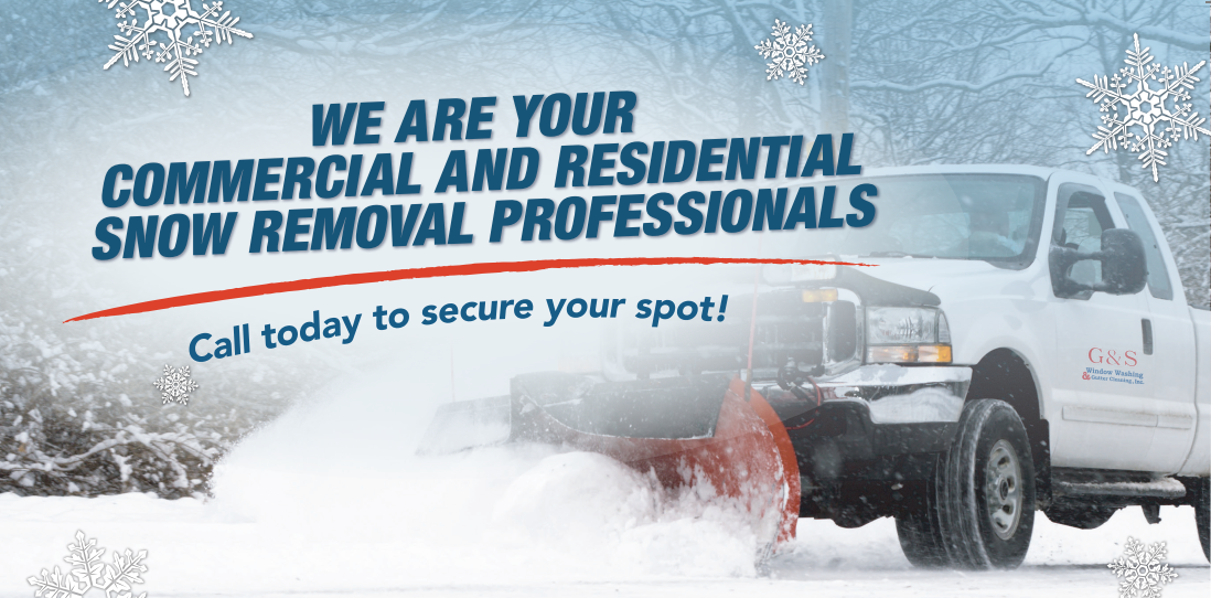A commercial and residential snow removal advertisement with a truck plowing snow