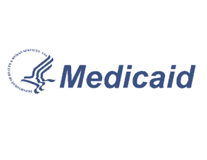 Medicaid logo: Blue text and emblem of a bird, for the Department of Health & Human Services.