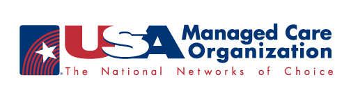 Logo of USA Managed Care Organization. Red and blue text with a star icon. 