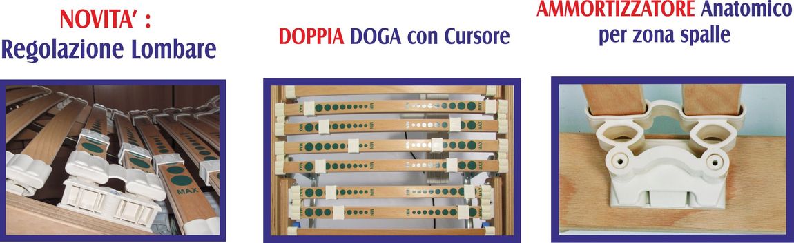 Tre locandine pubblicitarie: regolazione lombare, doppia doga con cursore e ammortizzatore anatomico per zona spalle