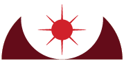 Red sunburst emblem between two maroon curved lines against a white background.