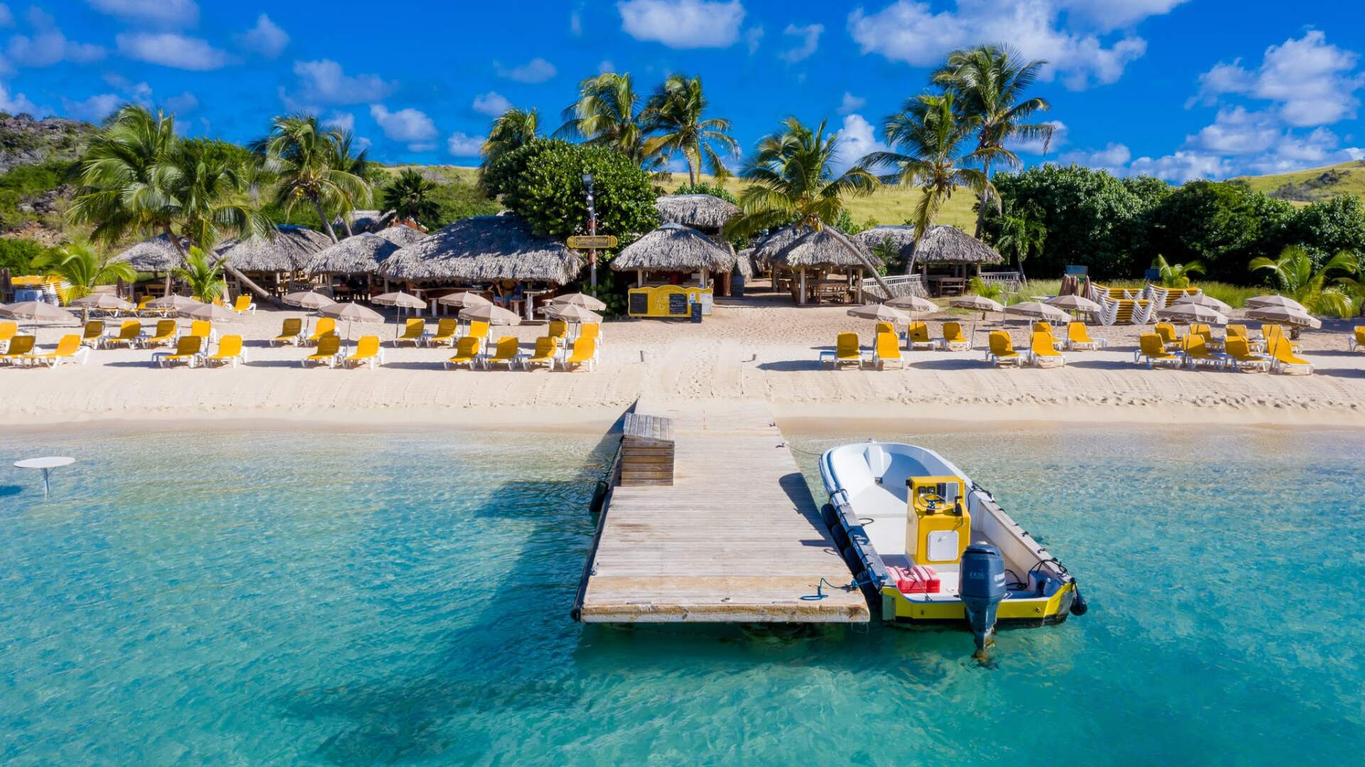 An aerial view of a beach with a dock and a boat.