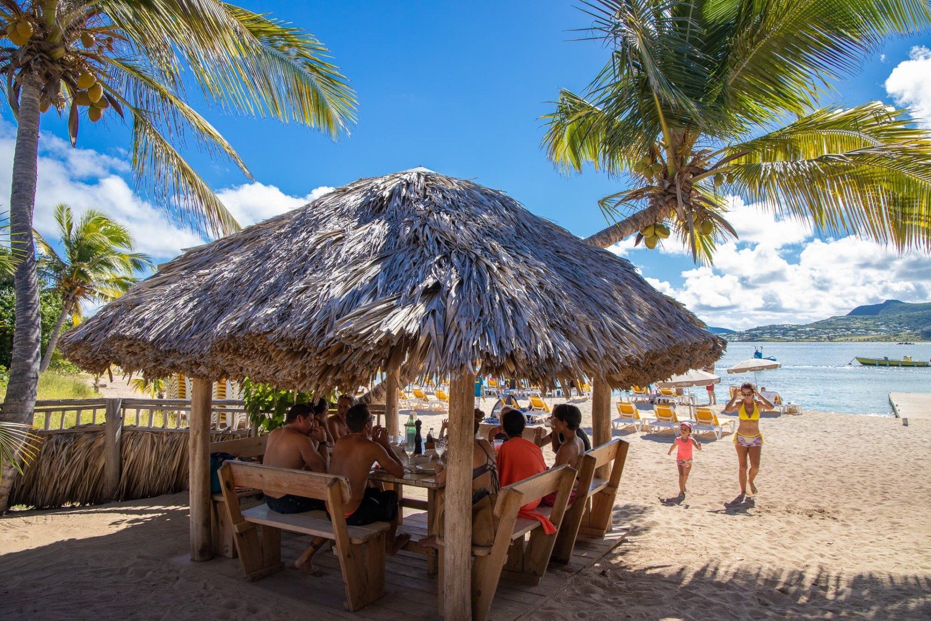 A group of people are sitting under a thatched hut on the beach.