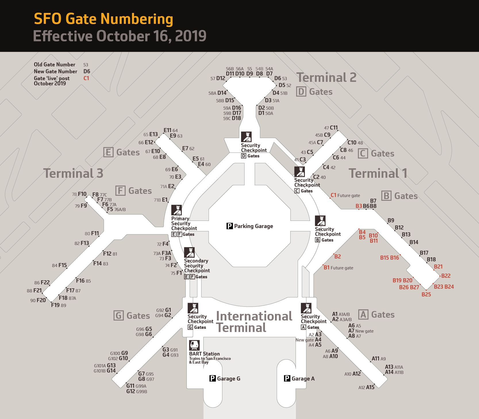 A tan and gray overhead map view of the SFO airport terminals.