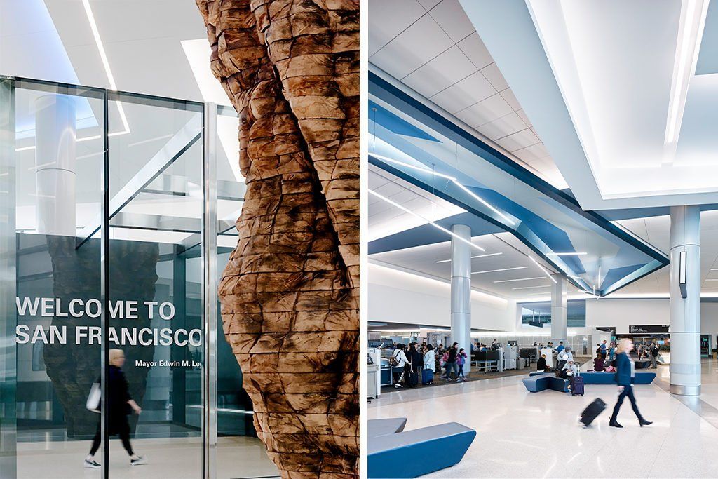 Two images: half showing an airport wall that says