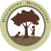 A logo for discovery montessori with a tree and two children