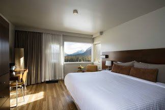 A hotel room with a king size bed , chair , desk and window.