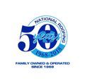 Logo for National Roofing: 50 years, blue and white, family owned since 1968.