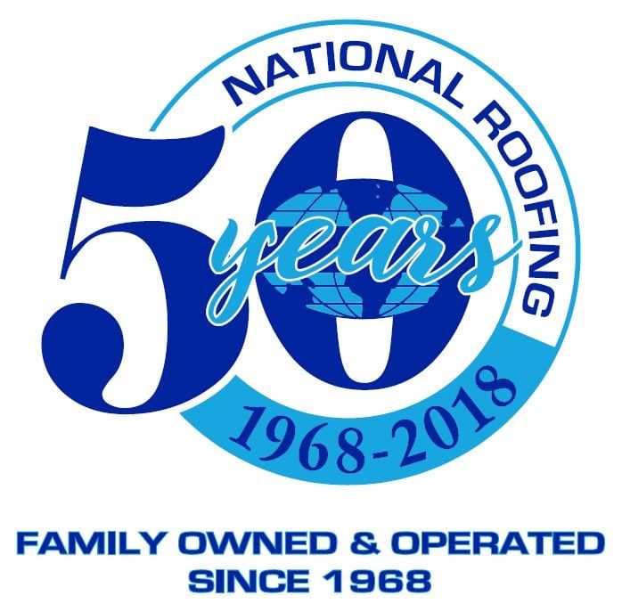 National Roofing logo celebrating 50 years, with a globe and text 