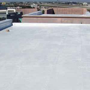 White flat roof with a building in the background. City skyline visible.