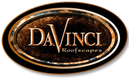 Logo for DaVinci Roofscapes, an oval with a brown textured background and the company name in gold lettering.