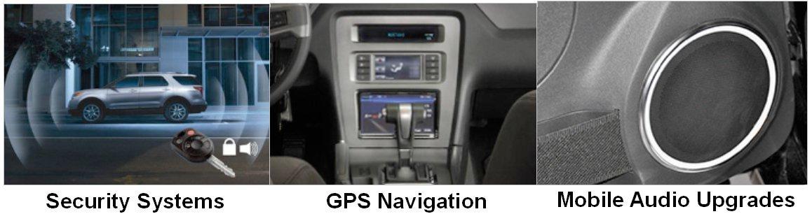 A picture of a car with the words security systems gps navigation and mobile audio upgrades