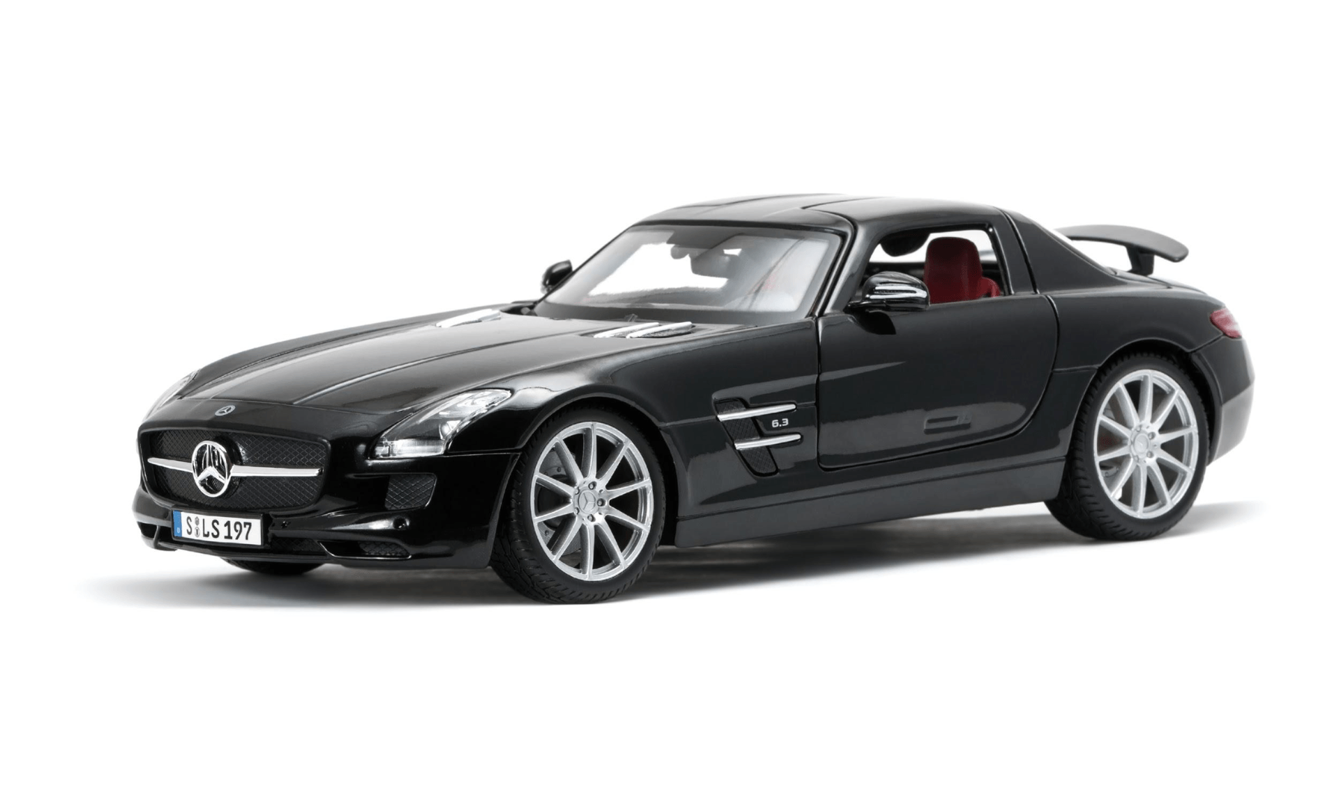 A black mercedes benz sls amg is on a white background.