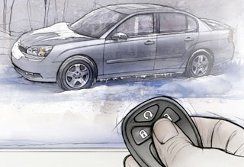 A person is holding a remote control in front of a car.