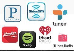A collage of logos for various radio stations including pandora , siriusxm , tunein , spotify
