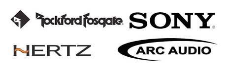 The logos for rockford fosgate , sony , hertz and arc audio are shown on a white background.