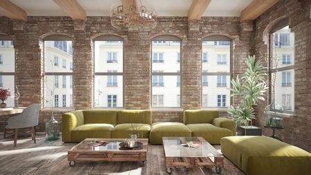 living room loft in rustic apartment with green and brown interior design