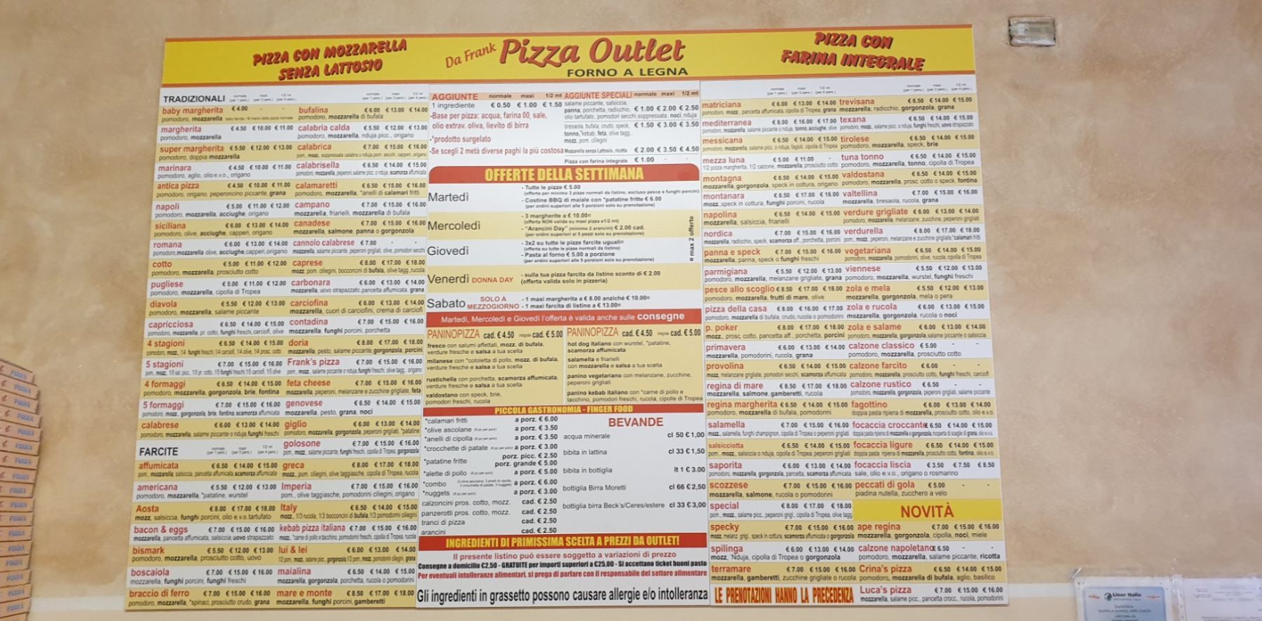 menu per pranzo e cena